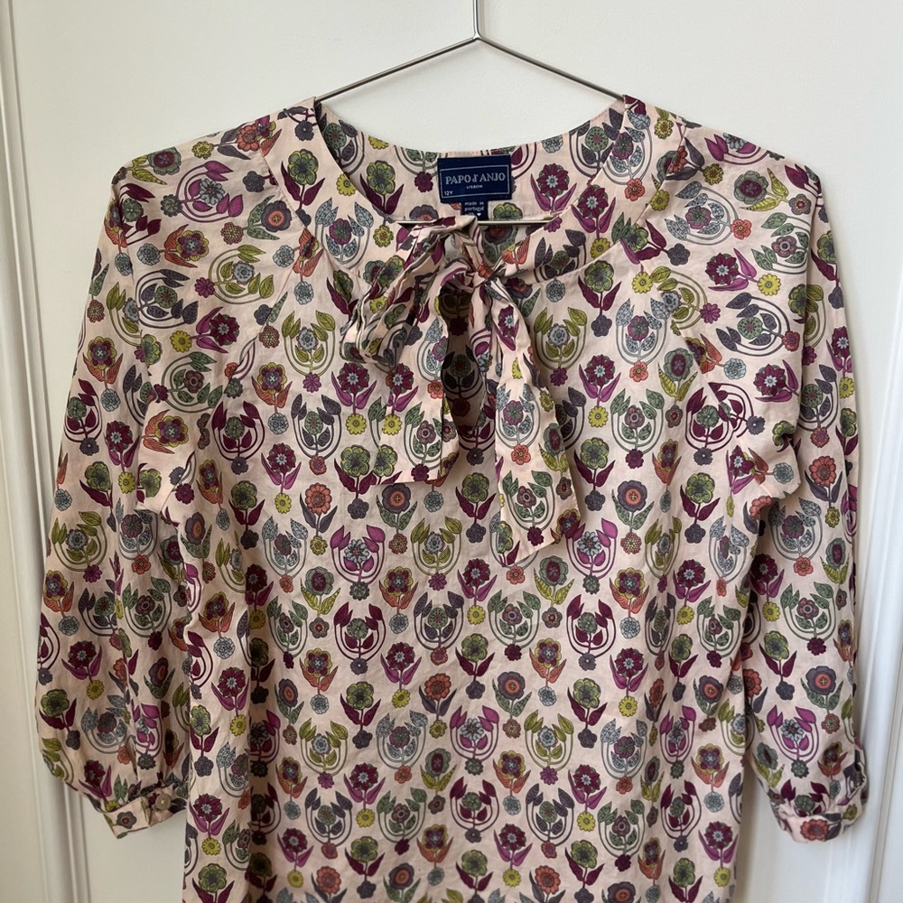 Papo D’Anjo Girls Pink Floral Flowy Long Sleeve Blouse With Bow Size 12 Years